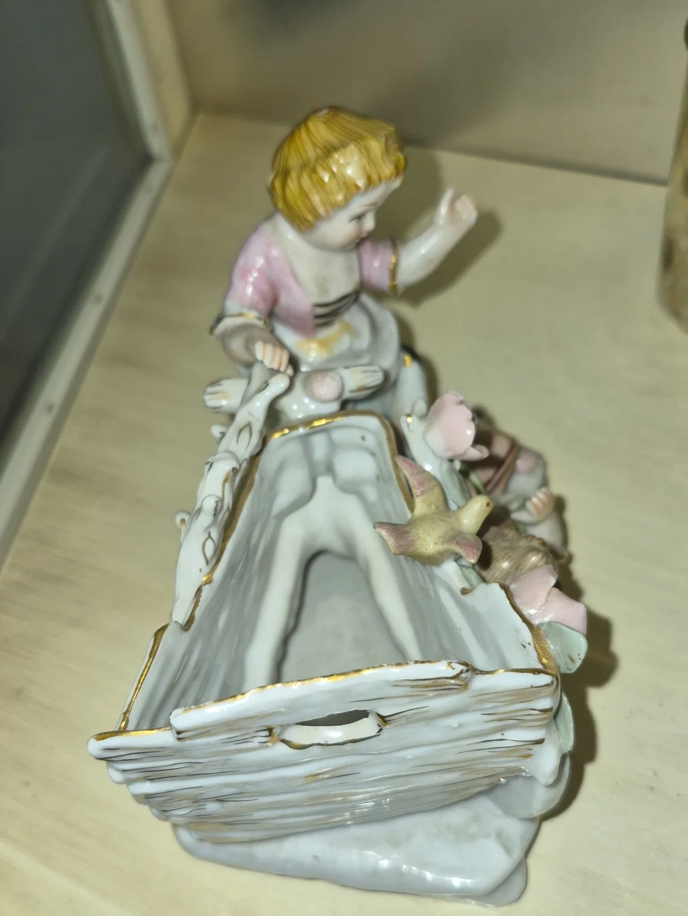 Vintage Hand-Painted Porcelain Shabby Chic  Children & Floral Cart Mold 4962